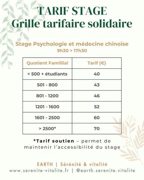 Grille tarifaire - stage Psychologie et médecine chinoise | EARTH Sérénité & vitalité